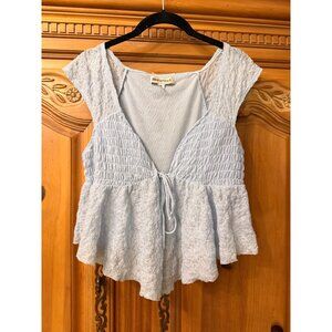 Urban Outfitters Light Blue Textured Peplum Top Smocked Bodice Size M